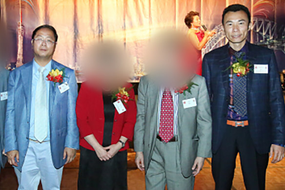 Xiongming Xie (far right) was arrested in July. He is a former Crown Casino high-roller agent and former deputy to Chinese billionaire Huang Xiangmo (left) at the Chinese Communist Party's lobbying body.