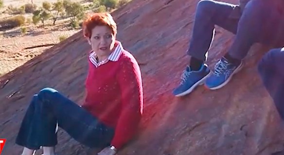 Pauline Hanson, on her wary descent of Uluru in 2019.