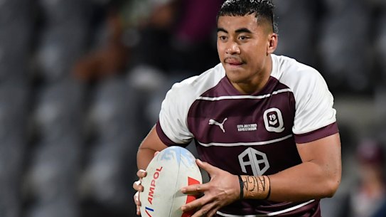 Israel Leota in action for the Queensland Maroons’ under-19s side in the 2023 Under-19s State of Origin.