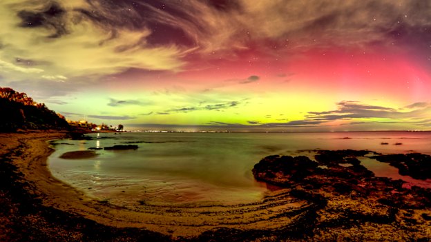 A view of the aurora australis from Ricketts Point in Beaumaris, Victoria.