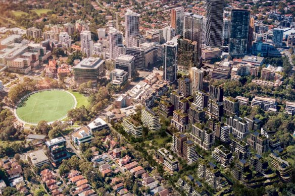 An artist’s impression of the “St Leonards South” precinct, showing nearly 2000 homes in buildings up to 19 storeys. 