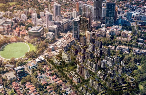 An artist's impression of the "St Leonards South" precinct, showing nearly 2000 homes in buildings up to 19 storeys high in the bottom right. 