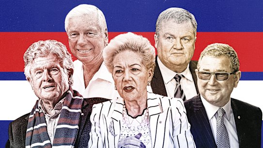 Western Bulldogs powerbrokers: (back) Garry Johnson and Peter Gordon, and (front), Alan Johnstone, Susan Alberti and David Smorgon.
