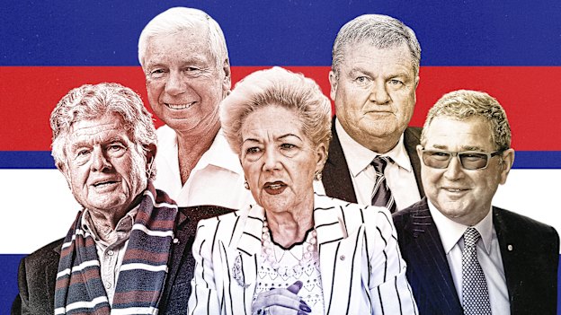 Western Bulldogs powerbrokers: (back) Garry Johnson and Peter Gordon, and (front), Alan Johnstone, Susan Alberti and David Smorgon. 