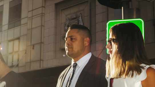 Jarryd Hayne leaving court with his wife Amellia Bonnici after being found guilty of sexually assaulting a woman in 2018.