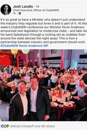 NSW Clubs CEO Josh Landis praised Hospitality and Racing Minister Kevin Anderson as a friend to the industry on his LinkedIn page last week.