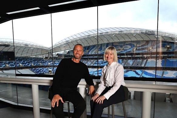 Merivale owner Justin Hemmes and Kerry Mather, the chief executive of Venues NSW, at Allianz Stadium.