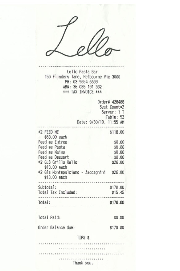 Receipt from Lello Pasta Bar for lunch with Scott Silven.