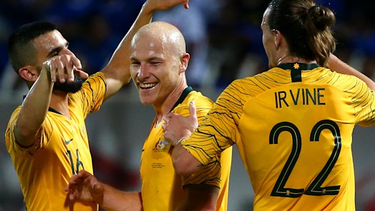 Aaron Mooy scores for the Socceroos.