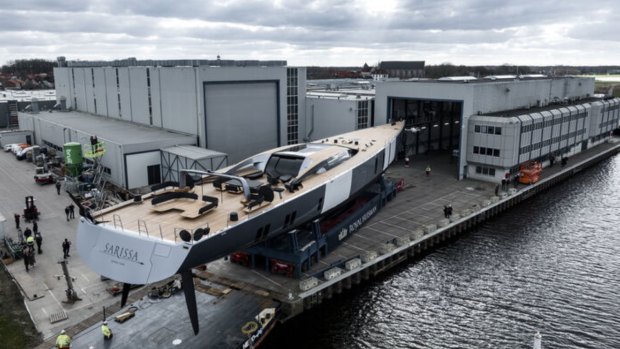 Making a splash. Sarissa emerges from the shipyards in the Netherlands.