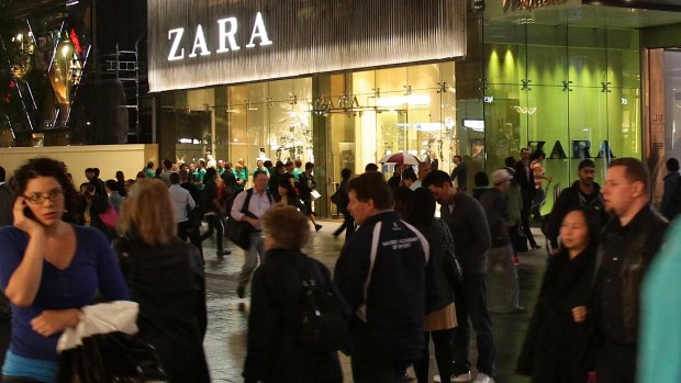 Late-night shoppers in Sydney's Pitt Street Mall.