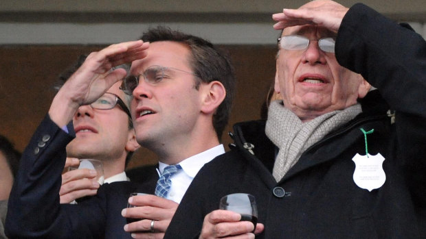 James Murdoch and Rupert Murdoch enjoying a day at the races in 2010.