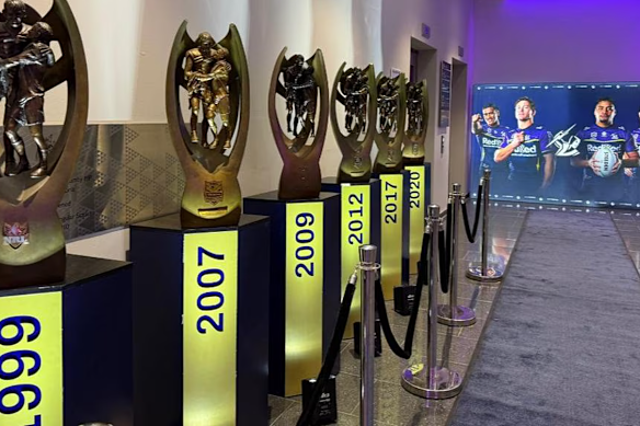 The Melbourne Storm’s trophy case, including the 2007 and 2009 premierships, which were stripped by the NRL.