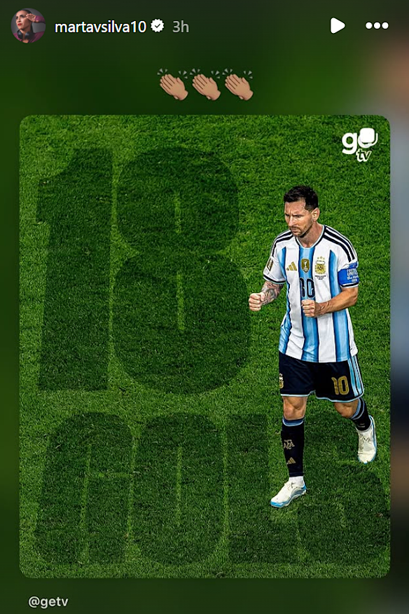 Marta applauds Messi’s record on her Instagram story.