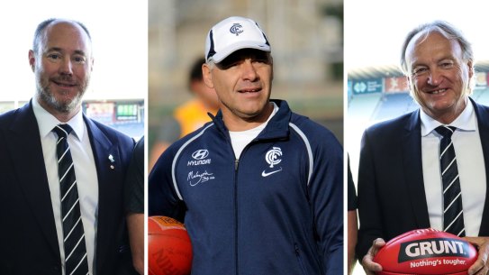 Carlton president Luke Sayers, former star Greg Williams and CEO Brian Cook.
