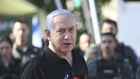 Israeli Prime Minister Benjamin Netanyahu meets with Israeli border police in Lod, near Tel Aviv.