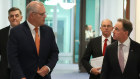 Health Department secretary Brendan Murphy,  Prime Minister Scott Morrison, Chief Medical Officer Paul Kelly and Health Minister Greg Hunt head towards a press conference in April.