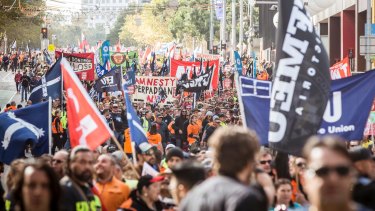 An estimated 120,000 members of the trade union movement marched through Melbourne's streets for the ACTU's recent Change the Rules rally. 
