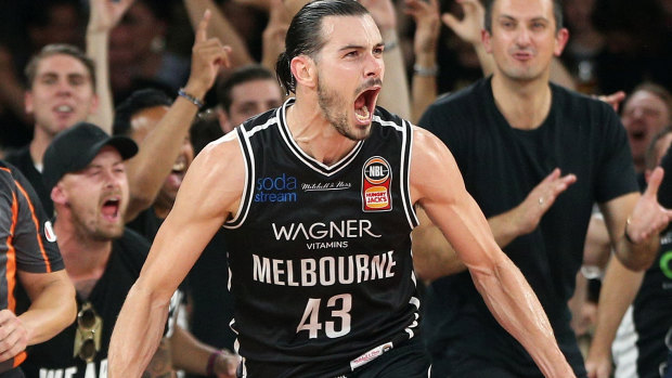 Time to shine: United's star guard Chris Goulding celebrates a three pointer during the game five decider against the 36ers at Hisense Arena.