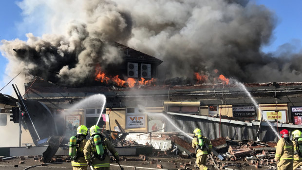 Fire engulfs the General Gordon Hotel in Sydenham on Monday.