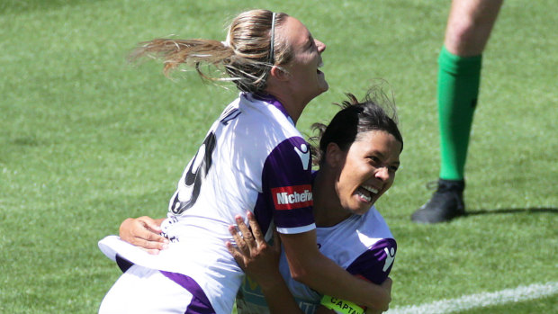 Dynamic duo: Sam Kerr celebrates a goal with her Perth Glory strike partner Rachel Hill.