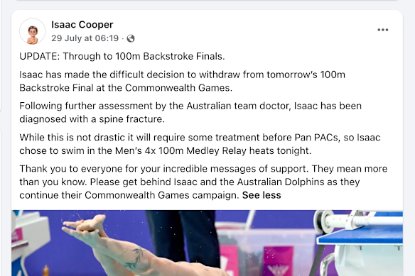 A post on Isaac Cooper’s officials Instagram page during the Commonwealth Games.
