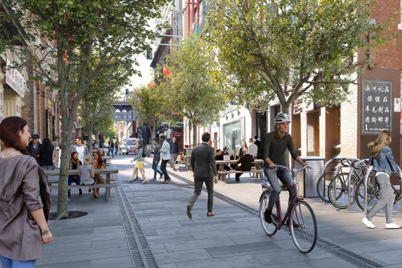 An artist’s render of the gutterless streets planned for Melbourne’s Chinatown and other “little streets” to encourage pedestrians and bikes. 