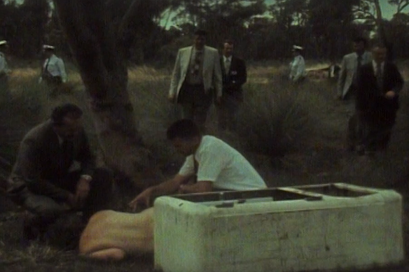 Images from a reenactment conducted by WA police and 9 News Perth. An actress is in Gwen’s position on the ground.