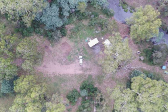 A police crime scene photo of Bucks Camp in the remote Wonnangatta Valley.