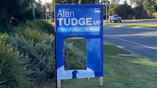 Alan Tudge’s corflutes have been damaged.