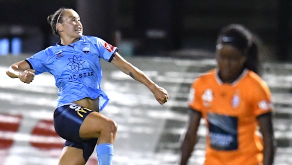 First blood: Caitlin Foord celebrates Sydney FC's opening goal.