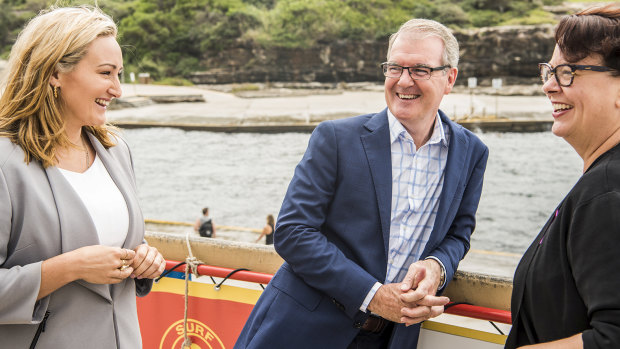 In the lead: Opposition Leader Michael Daley in Coogee with local candidate Marjorie O’Neill and Shadow Minister for the Environment Penelope Sharpe on Saturday.