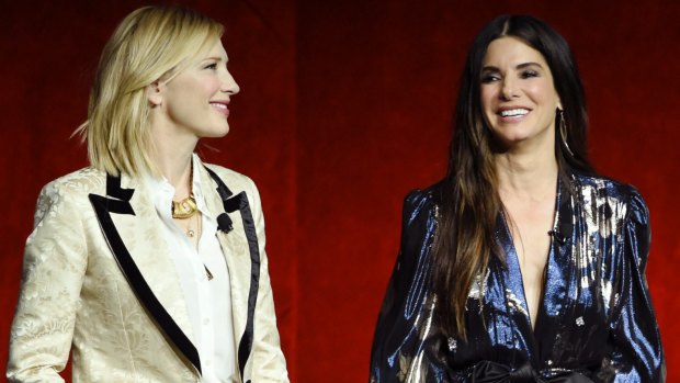 Sandra Bullock, with co-star Cate Blanchett, at a promo appearance for Ocean's 8 last month.