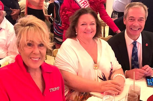 Former Liberal Party vice president Teena McQueen (left) with Gina Rinehart and Nigel Farage at Trump’s election watch party.