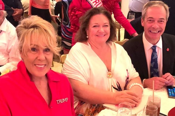 Former Liberal Party vice president Teena McQueen, Australian mining magnate Gina Rinehart and the leader of the conservative UK Reform party, Nigel Farage, at Donald Trump’s election watch party.