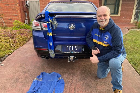 Parramatta fan Mick Harrison with the Eels top he was wearing on the night of the 1981 grand final.