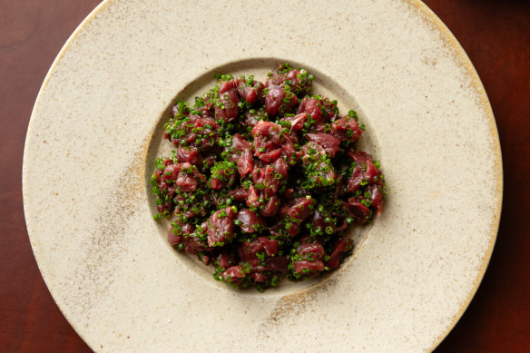 Kangaroo tartare with emulsified mussels.