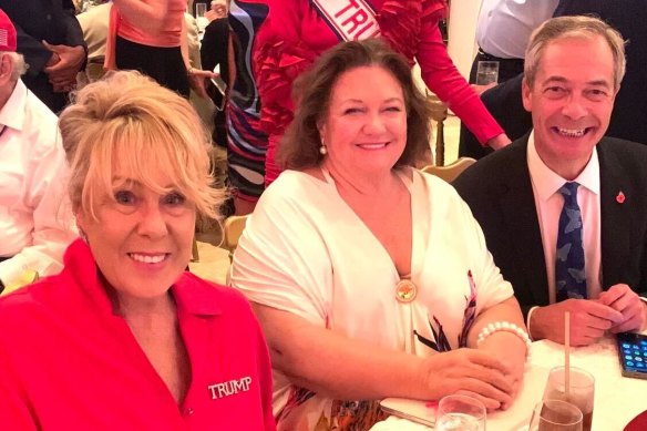 Former Liberal Party vice president Teena McQueen, Australian mining magnate Gina Rinehart and the leader of the conservative UK Reform party, Nigel Farage, at Donald Trump’s election watch party.