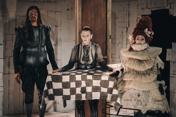 The Crocodile at fortyfivedownstairs is a wild, frenetically funny adaptation of an unfinished Dostoevsky short story. Pictured from left to right are Joey Lai, Cait Spiker and Jessica Stanley.