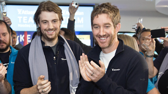 Atlassian founders Mike Cannon-Brookes and Scott Farquhar after listing on the NASDAQ.