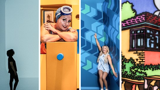 (from left) James Turrell’s Perfectly Clear (Ganzfeld) will feature at Powerhouse Parramatta; a summertime celebration at the Australian National Maritime Museum’s The Beach; mind-bending family fun at the Museum of Illusions Sydney; and Howard Arkley’s Triple Fronted at Searchers: Graffiti and Contemporary Art at the National Art School.