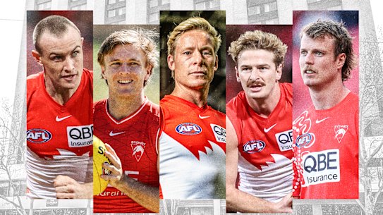 Sydney Swans players (from left to right) Chad Warner, James Jordon, Isaac Heeney, Riley Bice and Nick Blakey.