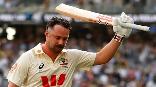 Travis Head salutes the Perth crowd after his remarkable knock in the first Ashes Test.