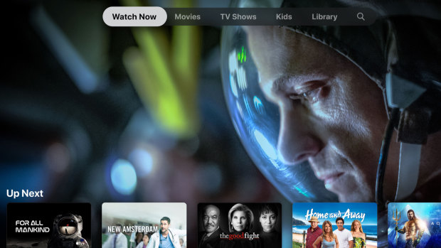 Screen shot of the Apple TV homepage, which features Apple TV+ original shows alongside popular third-party programs.