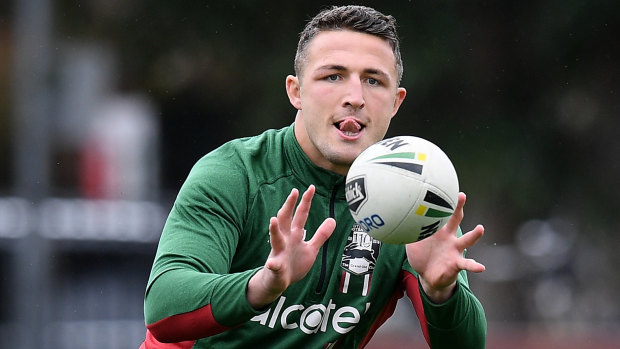 Loyal club man: Sam Burgess at Rabbitohs training at Redfern Oval in the lead-up to their finals clash with the Storm.