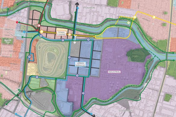 A map of the endorsed Camellia-Rosehill Place Strategy, showing the oil terminal land in purple, proposed urban services zone in blue and the residential town centre to the north of Rosehill Gardens Racecourse.