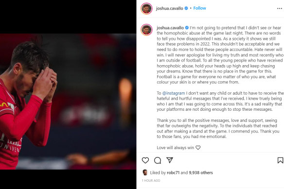 Josh Cavallo called out the abuse he received during the match against Victory.