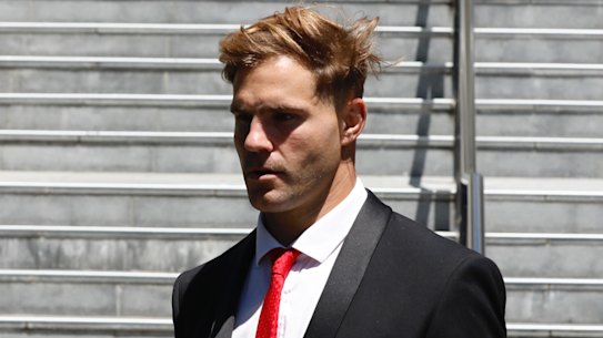 NRL player Jack de Belin, who is facing trial over sexual assault offences, leaves Wollongong Courthouse on November 3.