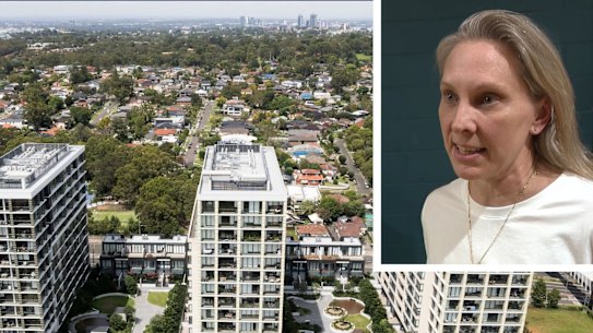 The apartment block at 23 Halifax Street at Lachlan’s Line in Macquarie Park. Inset, unit owner Nina Bishop.