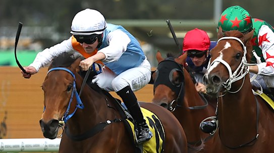 Proxima Dea (left) surges late to win the Gloaming Stakes in a blanket finish under Zac Lloyd.